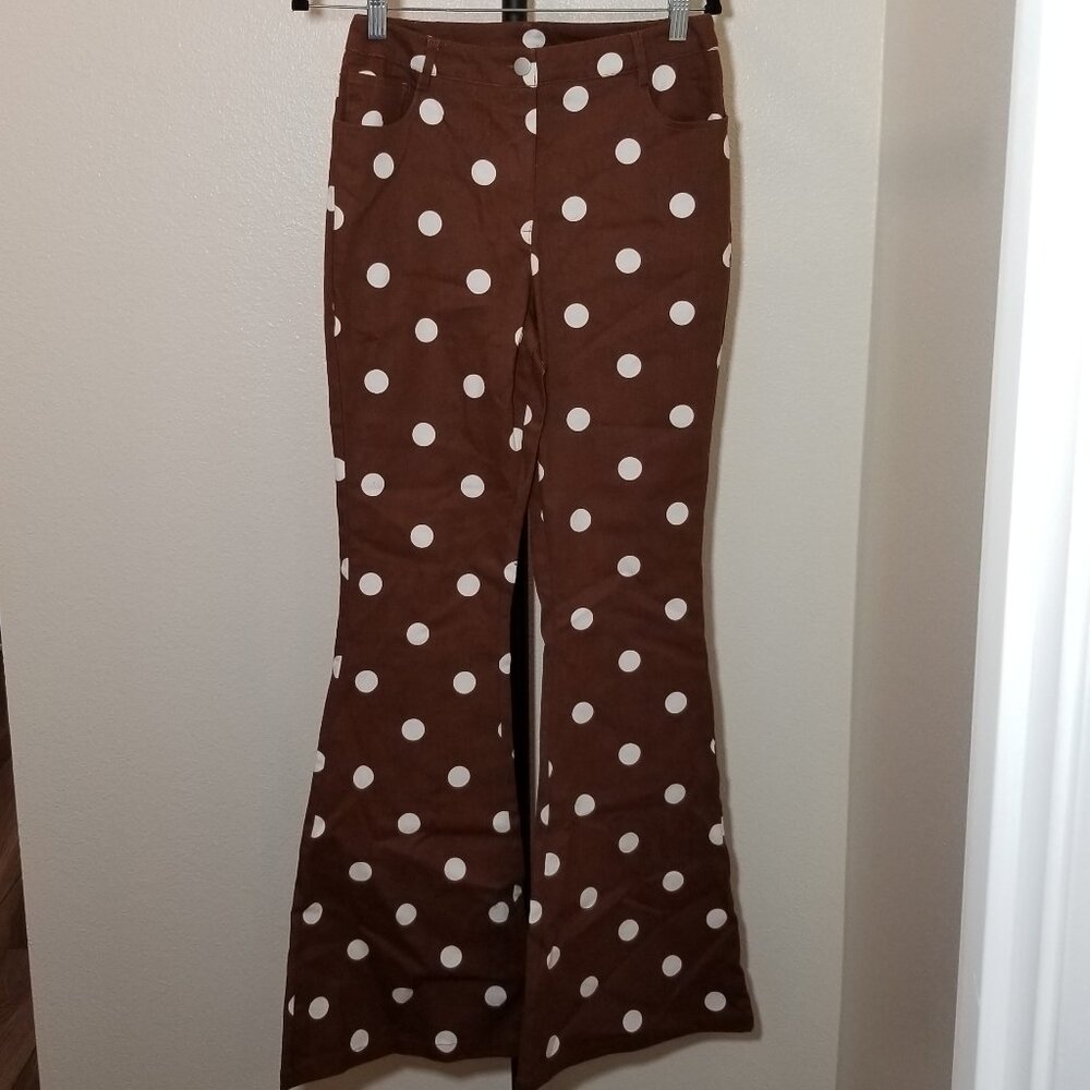 Forever 21 Retro 70s Brown Polka Dot Flare Pant Womens Medium Hippie Peasant NWT